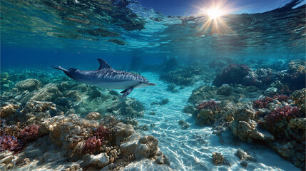 Fototapeta premium Under the sea clear water can see a dolphin swimming , sunlight reflect.
