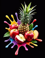 Fresh fruits on colorful splash isolated on black background