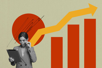 Banner poster collage of person work tablet on green background with arrows go up graphs column