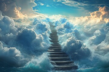 Surreal stairway ascending through majestic clouds toward sunlit sky