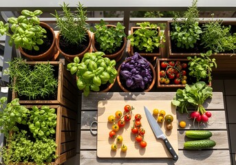 Freshly Harvested Vegetables and Herbs on Balcony Table with Cutting Board and Knife