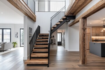 A modern staircase with wooden treads and black steel railing