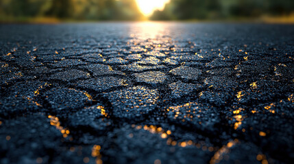 Obraz premium Sunset reflections on cracked asphalt road nature scene close view tranquil landscape concept