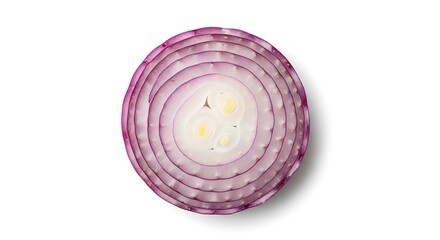 Close up of a red onion slice showing concentric rings on a white background