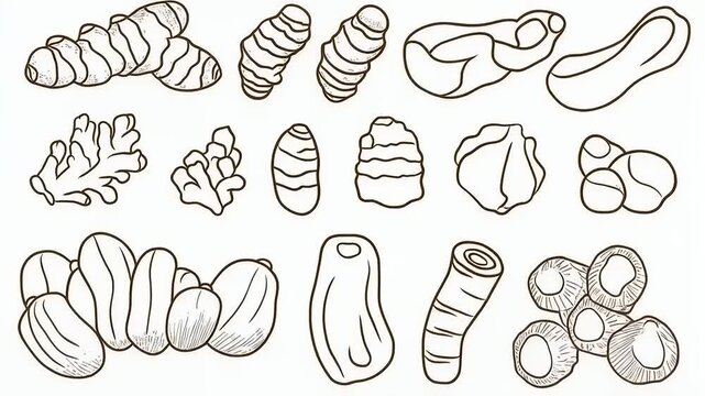 Outlined Collection of Root Vegetables and Spices for Culinary and Medicinal Uses