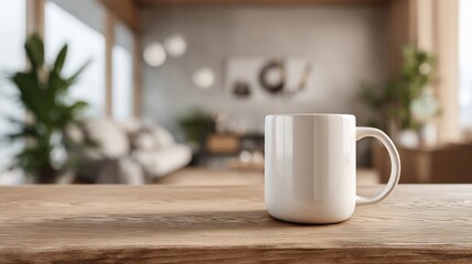 Fototapeta premium Focus on a white mug in a bright room, on a wooden table with blurred background
