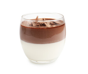 Delicious panna cotta with chocolate chunks in glass isolated on white