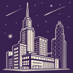 Retro art deco city skyline at night, a vector illustration of a metropolis with skyscrapers under a starry sky with shooting stars.