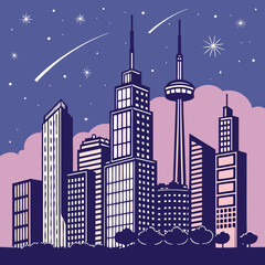 Stylized graphic illustration of a modern city skyline at night under a starry sky with shooting stars