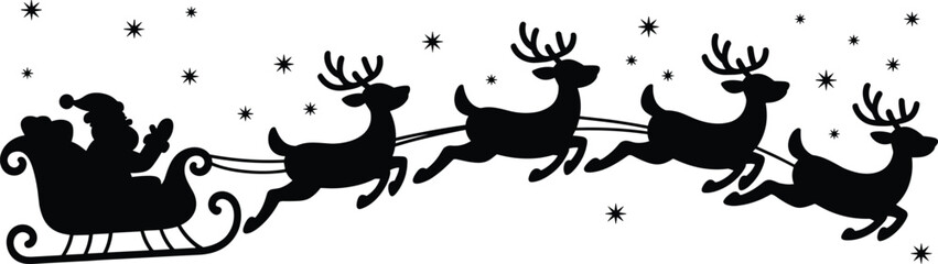 Santa Claus silhouette, reindeer sleigh vector, Christmas holiday design, festive winter illustration, black graphic art, snowflakes decoration, seasonal celebration, holiday magic sc