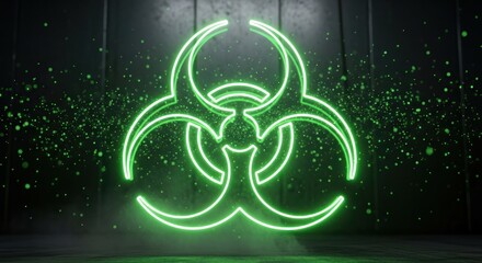 Glowing Green Biohazard Symbol Neon Sign with Particles