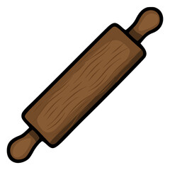 A vector illustration of a rustic wooden rolling pin, featuring detailed wood grain texture and thick black outlines, ideal for baking-themed designs or kitchenware websites.