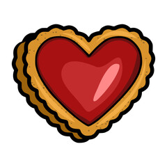 A vector illustration of a charming heart-shaped cookie with a red filling, featuring a hand-drawn style with textured edges and subtle shading for a delightful bakery element.