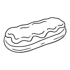 A vector illustration of a single eclair pastry with wavy icing, depicted in a hand-drawn style with bold black outlines against a white background, showcasing a simple yet appealing design suitabl...