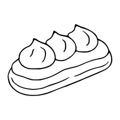 A vector illustration of a single eclair pastry with three swirls of cream topping, depicted in a minimalist hand-drawn style with bold black outlines against a white background.