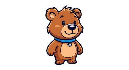 Fototapeta premium Cartoon brown teddy bear with blue collar on a plain background. Cute stuffed animal happy character design. Children toy art.
