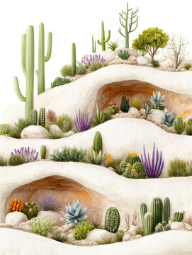Desert oasis featuring various types of cacti and succulent plants in a rocky environment.