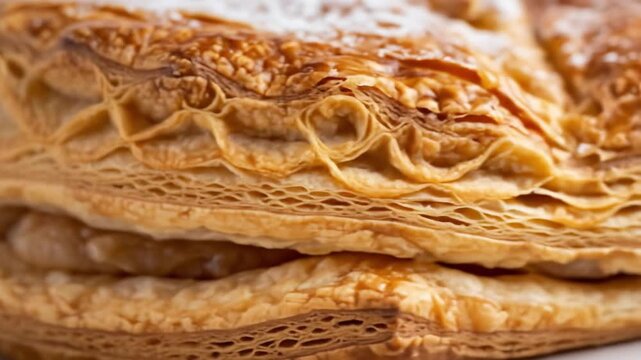 Delicious Spanish Milhojas Pastry Display: Close-up of flaky layers and creamy filling