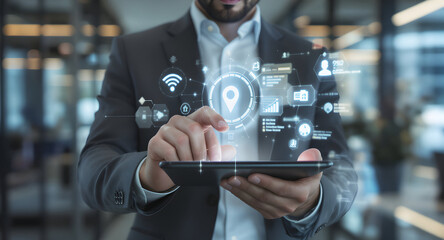 Businessman using digital tablet, location data