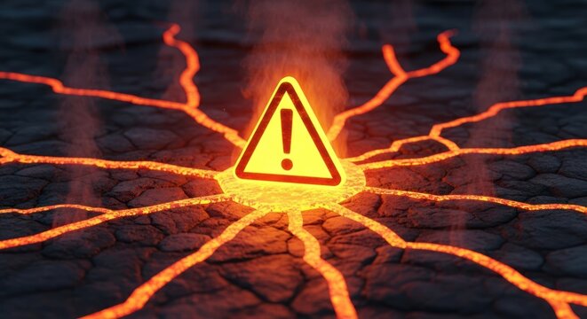 Glowing Warning Sign on Cracked Lava Ground - Powered by Adobe