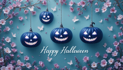 Halloween Floral Illustration with Jack O Lanterns and Butterflies