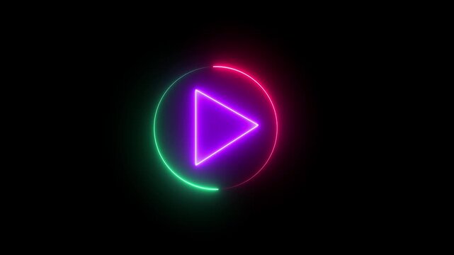 Video, audio play baton icon animation.  Glowing neon play baton with play baton inside circle on background..
