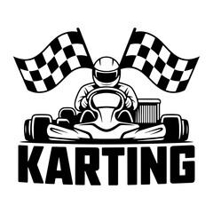 Go kart driver with checkered flags and text racing helmet