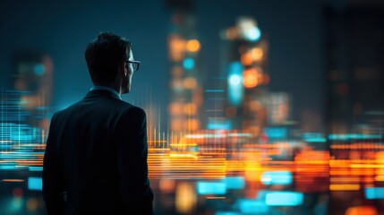 A man in a suit looks at a futuristic cityscape filled with colorful neon lights and digital data overlays at night
