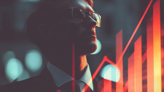 A confident business professional in glasses is overlaid with a rising red financial graph, symbolizing growth and success