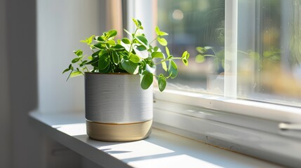Green plant in a gray and beige ceramic pot on a windowsill isolated on a transparent background