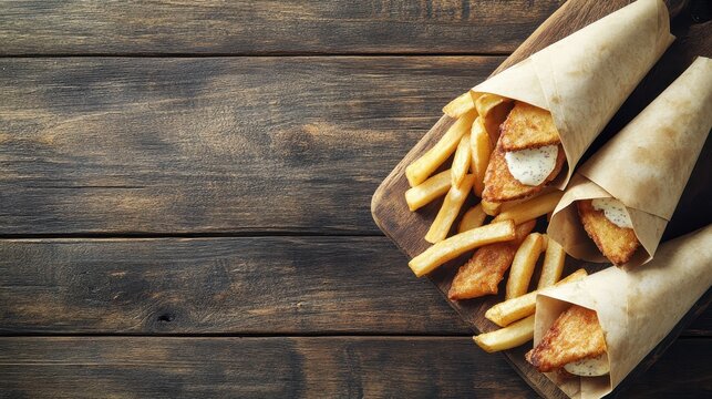 Delicious Fish and Chips Wrapped in Paper on Wooden Background