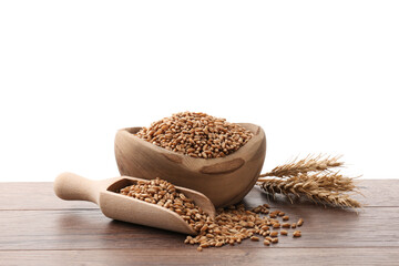 Wheat grains in bowl, scoop and spikes on wooden table against white background
