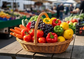 Basket of Fresh Vegetables and Fruits Including Tomatoes, Bell Peppers, Carrots, and Lemons at Outdoor Market