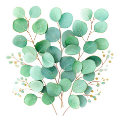 Obraz premium Elegant watercolor eucalyptus leaves with gold accents on a black backdrop.