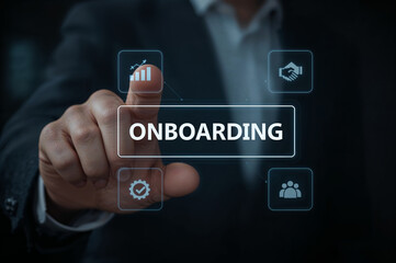 Business professional touches screen with onboarding process digital interface