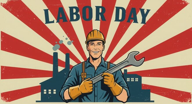 Retro labor day worker with wrench and factory background - Powered by Adobe