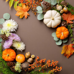 Autumn-themed decorative arrangement featuring pumpkins, colorful leaves, pinecones, and flowers against a brown background