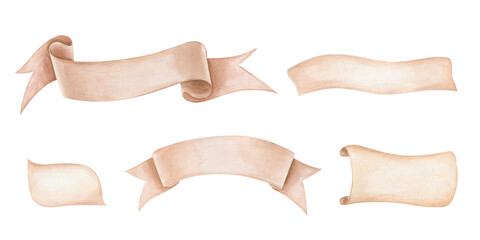 Watercolor set of decorative ribbons and banners for text placement. Hand painted decorative templates isolated illustration for invitations, greeting cards, social media posts, packaging design.