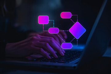 Close up of hands coding on a laptop with a glowing digital flowchart, representing workflow automation and business process management.