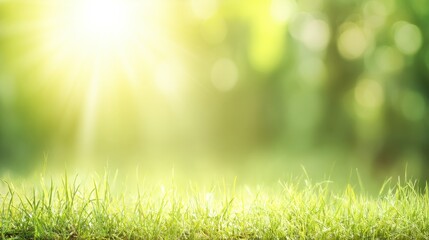 Obraz premium A sunlit grassy field with vibrant green grass under a warm, glowing light, creating a serene and refreshing atmosphere.