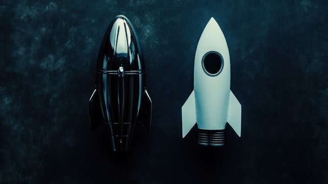 Two contrasting rocket models representing innovation and creative solutions on dark backdrop
