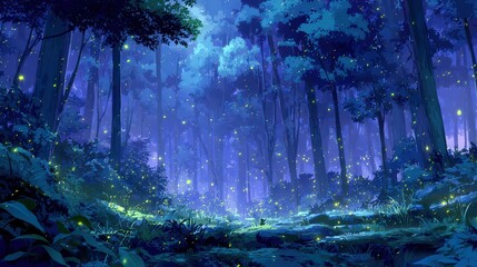 Anime Style Night Forest Firefly Magic Scene isolated on a transparent background