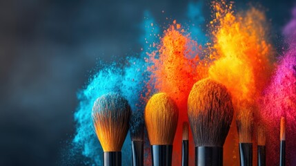 Makeup brushes releasing vibrant blue, orange, and yellow powder clouds against a dark background, creating a dynamic and colorful scene