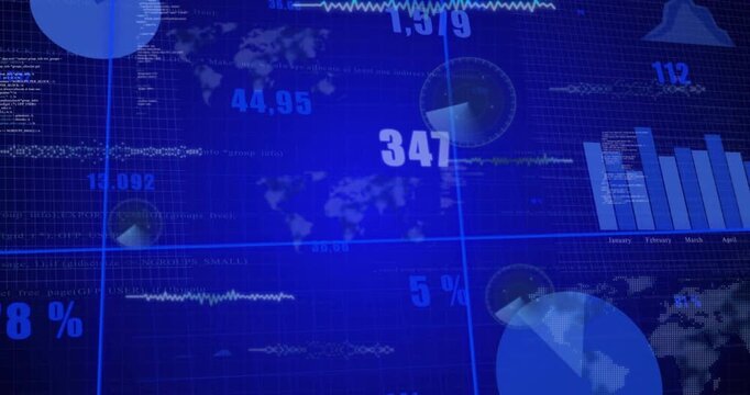 Deep-blue grid fading triggers bars updating, line sweeping, gauge rotating for analytics demo