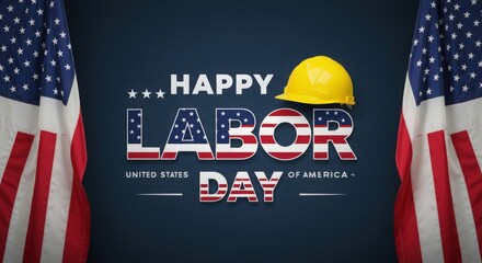 Happy labor day with american flags and hard hat