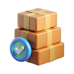 Obraz premium Stack of Three Orange Gift Boxes Tied with Yellow Ribbon and a Blue Check Mark Icon presents isolated on a transparent background