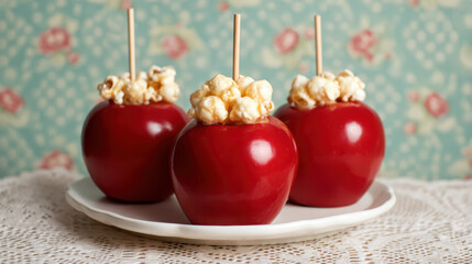 Three glossy red caramel apples topped with popcorn are displayed on a white plate against a vintage floral background.
