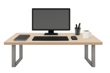 Modern office desk setup with computer, keyboard, and coffee mug on transparent background
