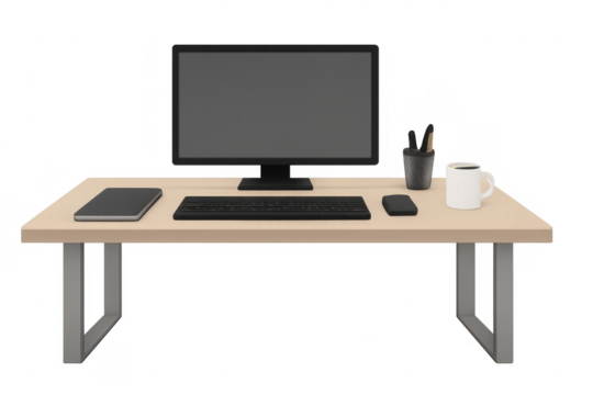 Modern office desk setup with computer, keyboard, and coffee mug on transparent background