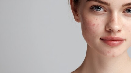 Young woman with acne and blemishes on cheek, close-up portrait on gray background, natural beauty and skin problems